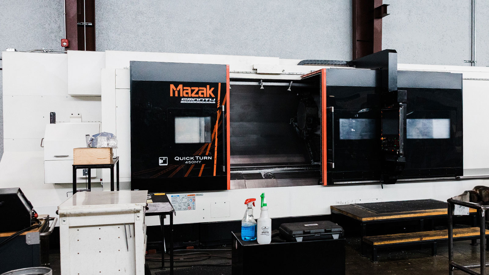 Closeup of the Mazak Smooth Quick Turn 450MY CNC Machine.